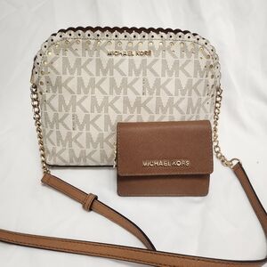 Michael Kors Ivory Signature  Canvas Cindy Scalloped Crossbody Purse And Wallet